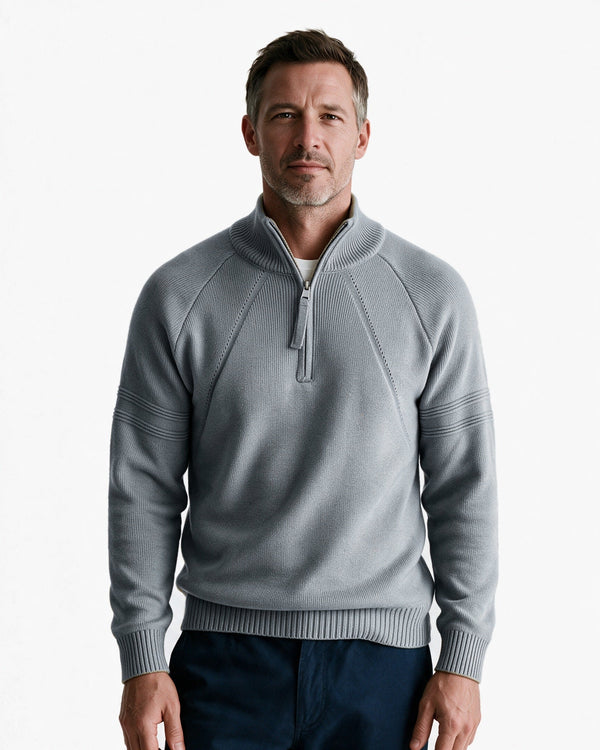 Alder quarter-zip knit pullover in Grey, front view