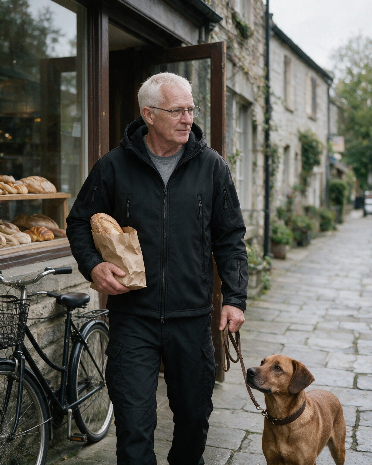 Braddock softshell jacket and pants set in Black, leaving the bakery with the dog
