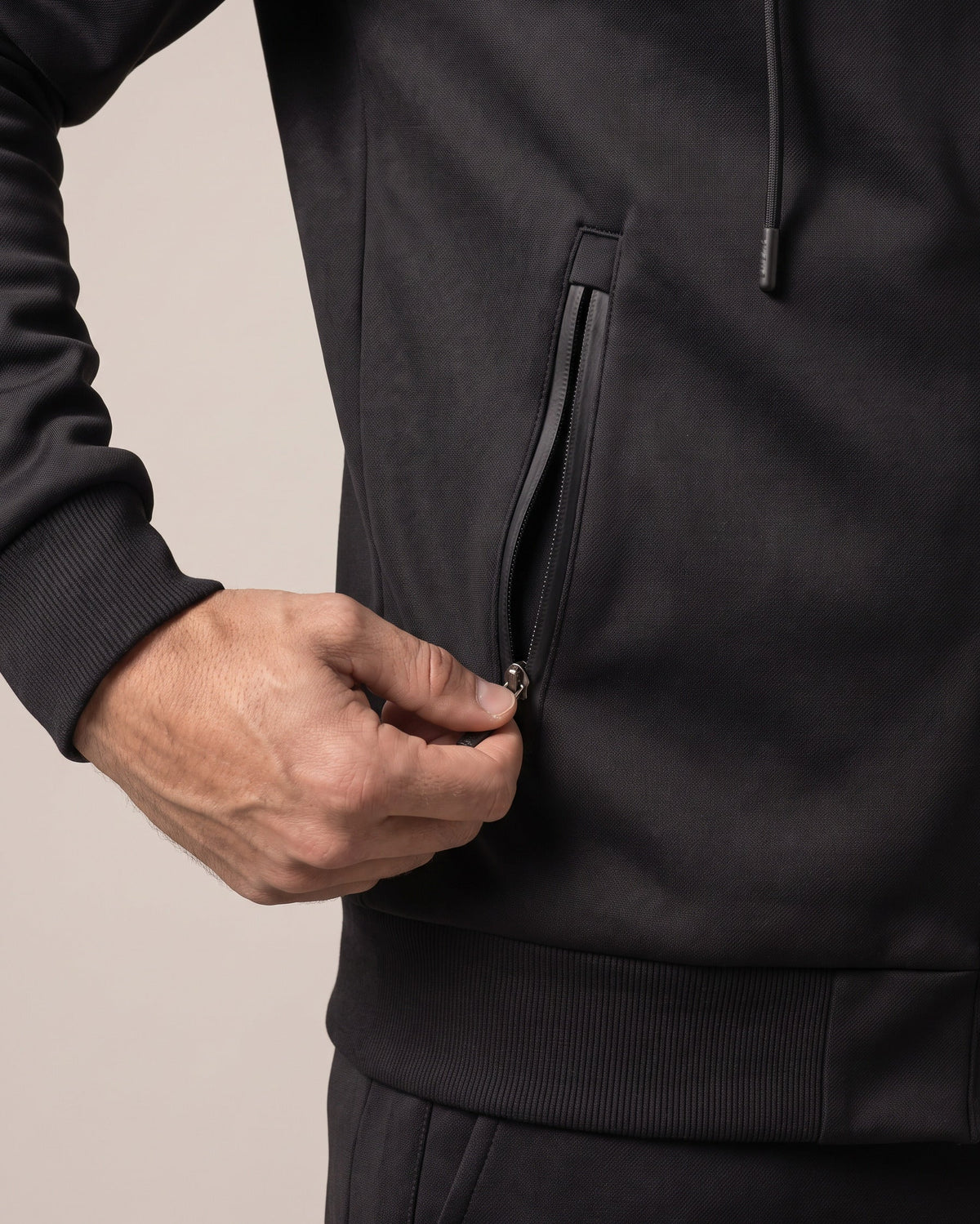 Fendrick men's sherpa-lined hooded jacket, zipped side pocket detail