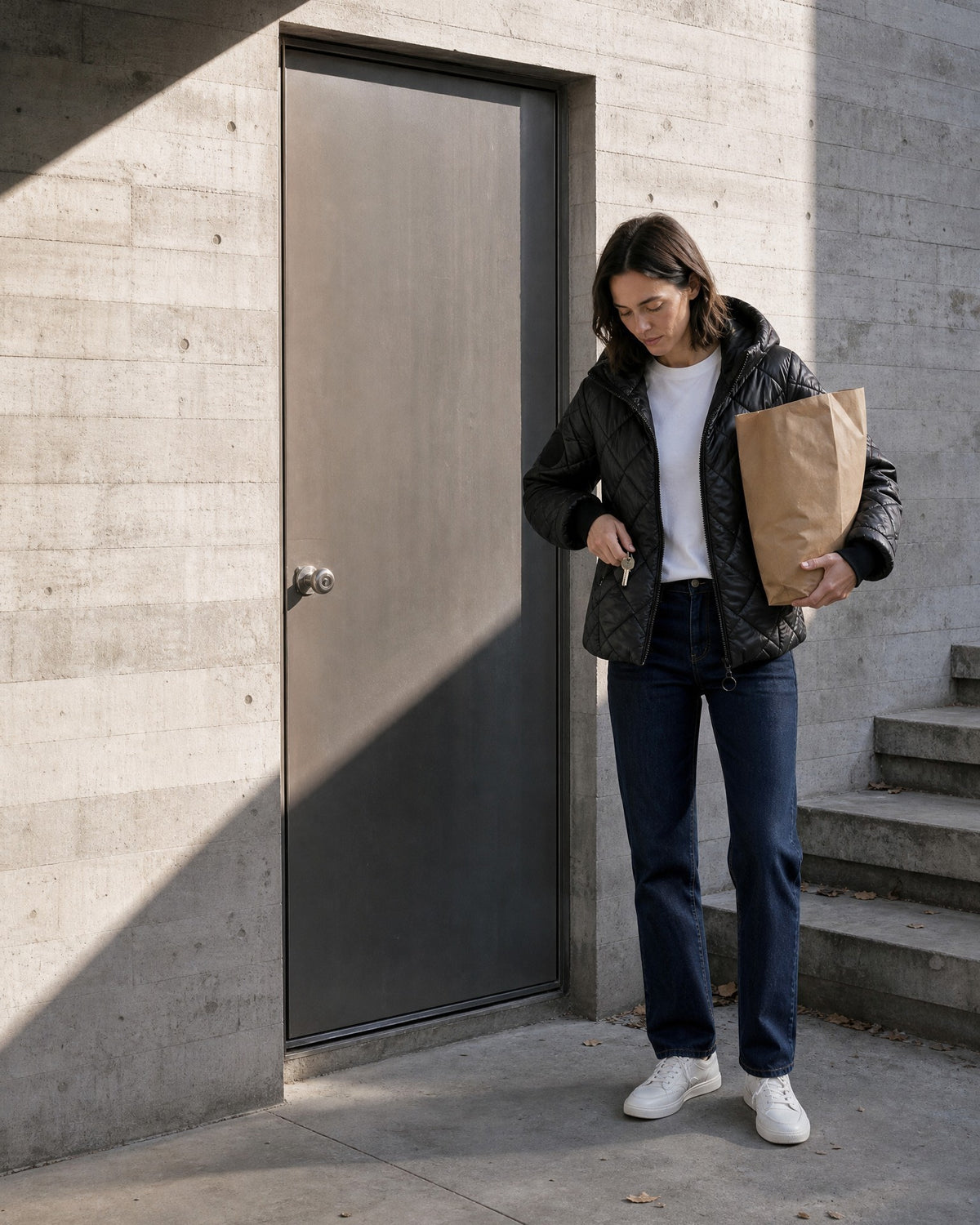 Woman in a black quilted puffer jacket by a doorway