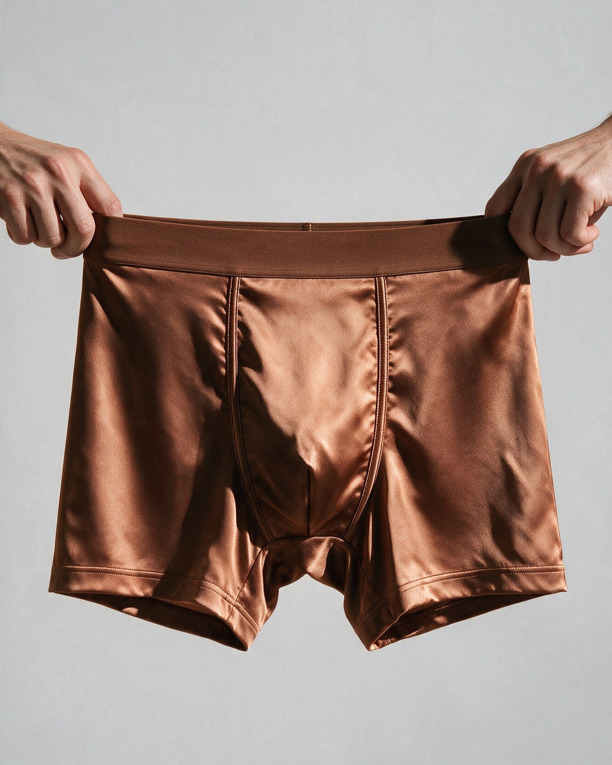 Mayfair men's silk-blend boxer in Bronze, the wide soft waistband stretched by hand