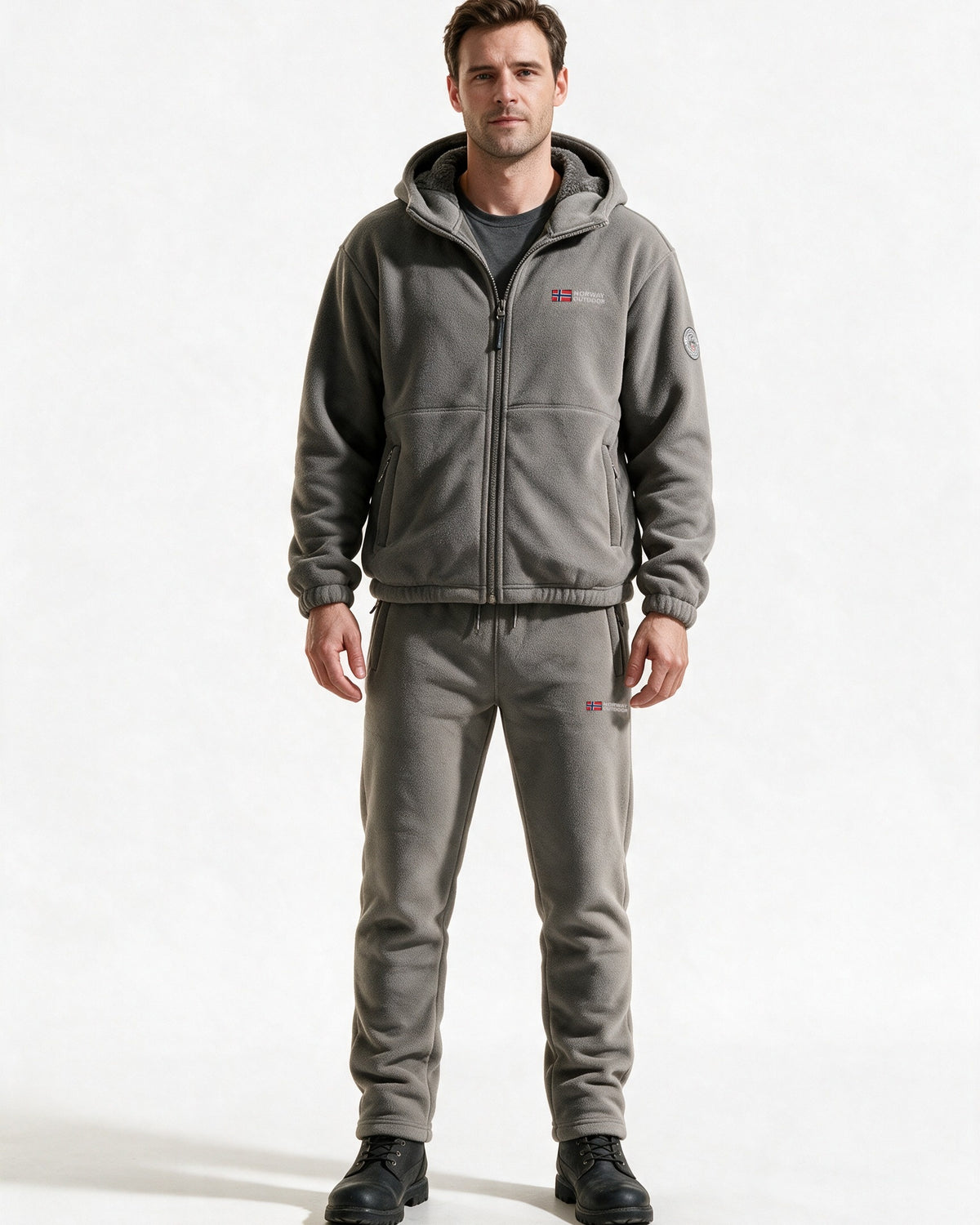 Norway Set in Grey — fleece jacket and trousers, front view