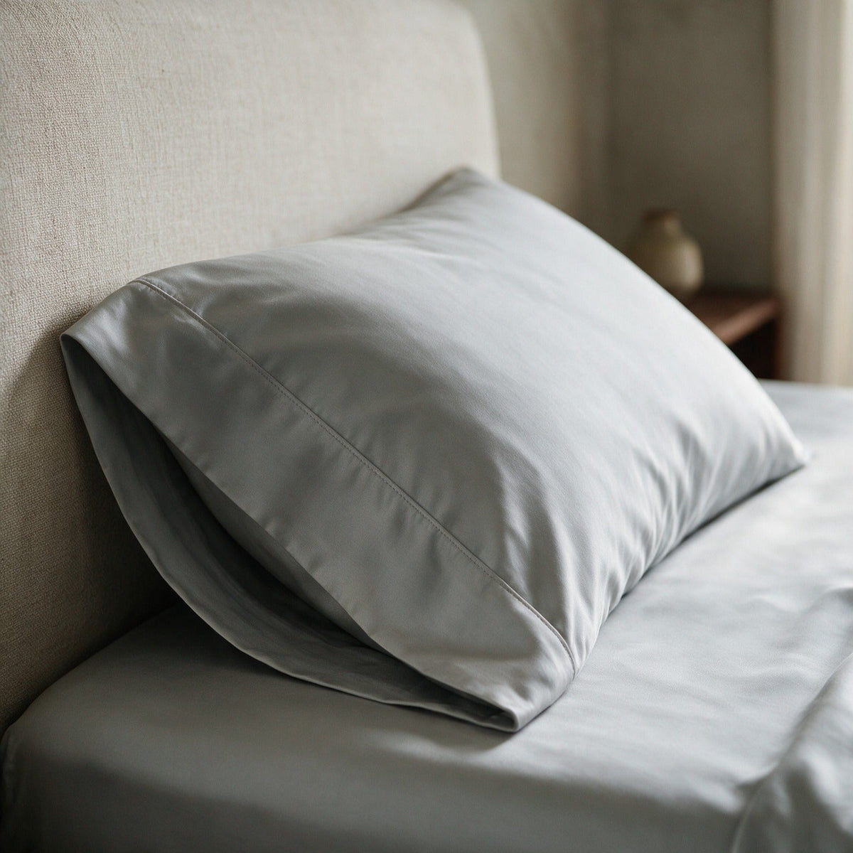 Rydal pillowcase in Grey with a wide hemmed border, close-up
