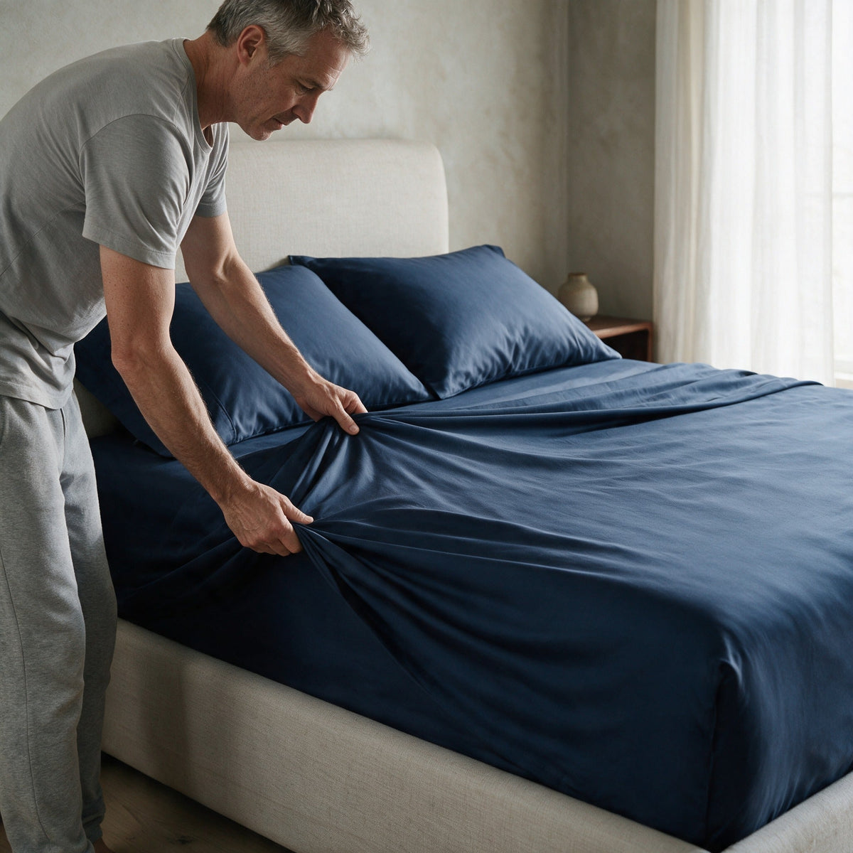 Man making the bed with Rydal sheets in Navy