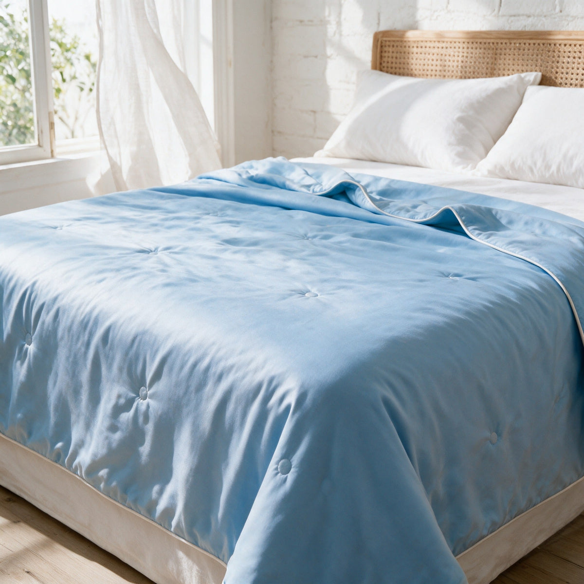 Seaton summer duvet in Light Blue on a bed in morning light