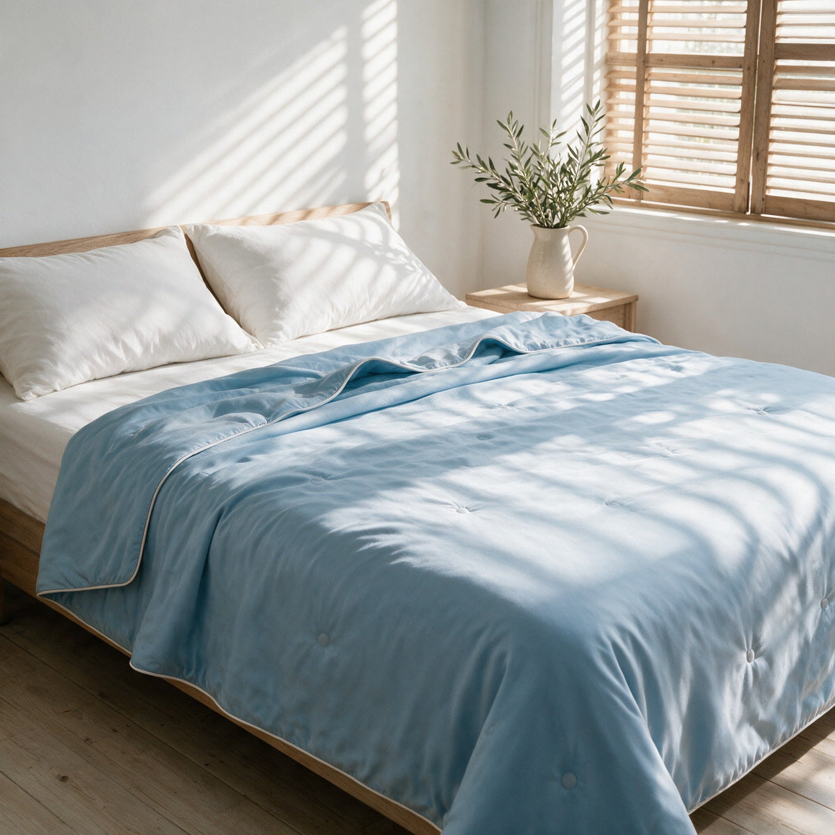 Seaton summer duvet in Light Blue on a double bed in afternoon light