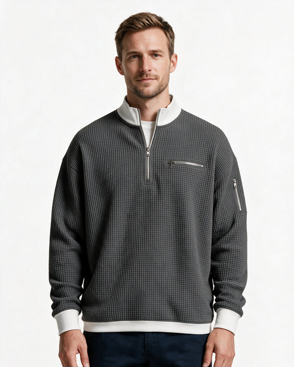 Selby waffle-knit half-zip pullover in Charcoal, front view
