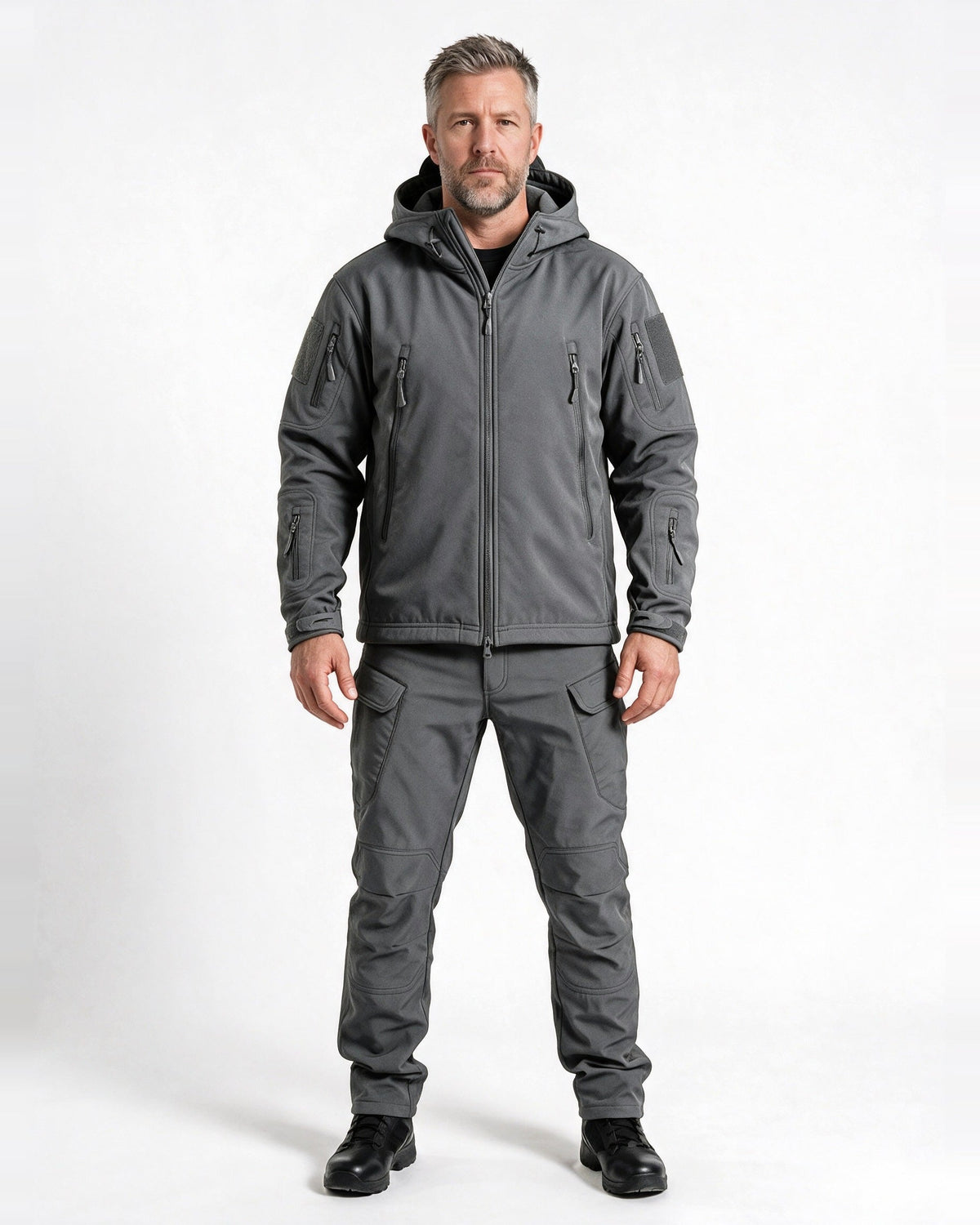 Braddock softshell jacket and pants set in Grey, front view