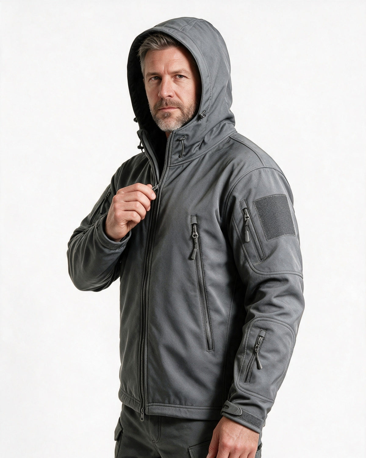 Braddock softshell jacket in Grey with the hood up