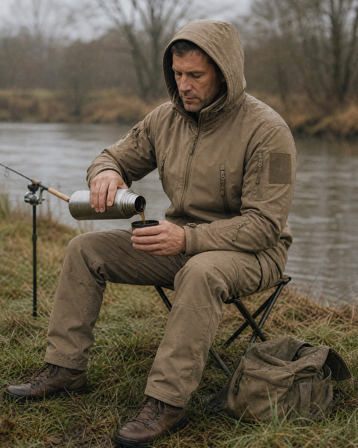 Braddock softshell jacket and pants set in Tan, pouring coffee on a riverbank in the drizzle