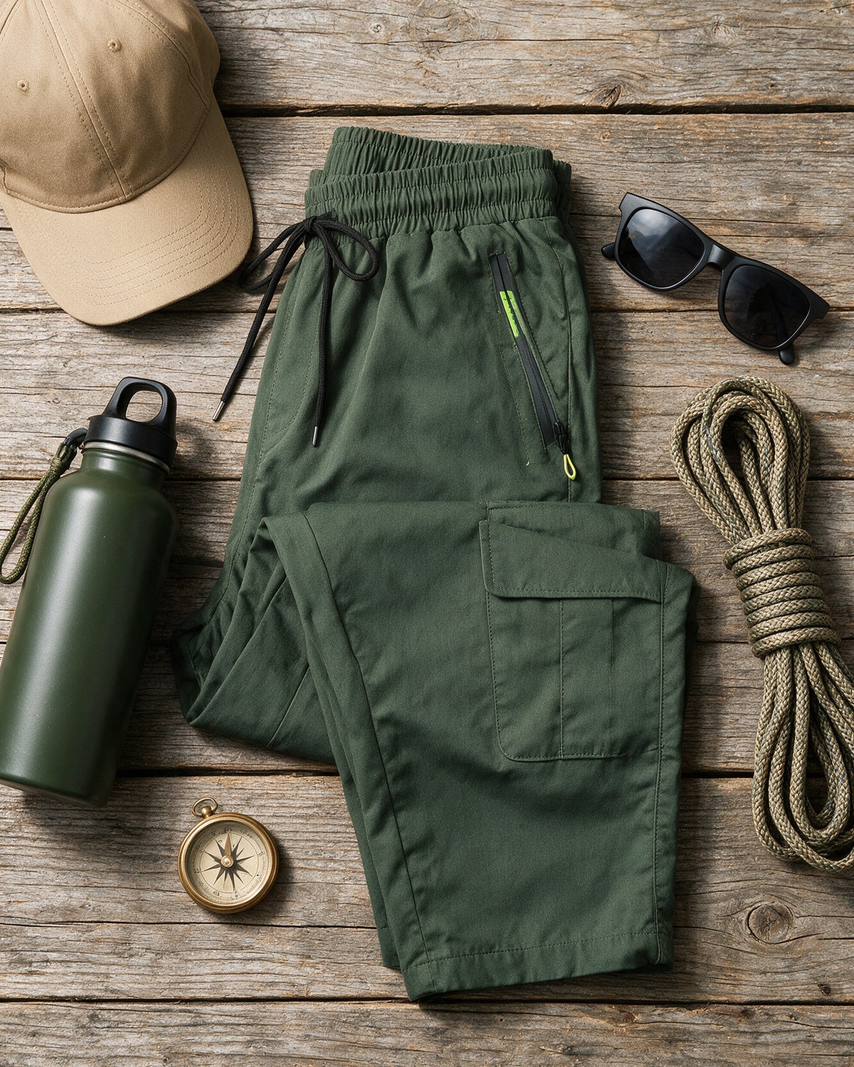 Hartley cargo trousers in Olive Green with outdoor kit