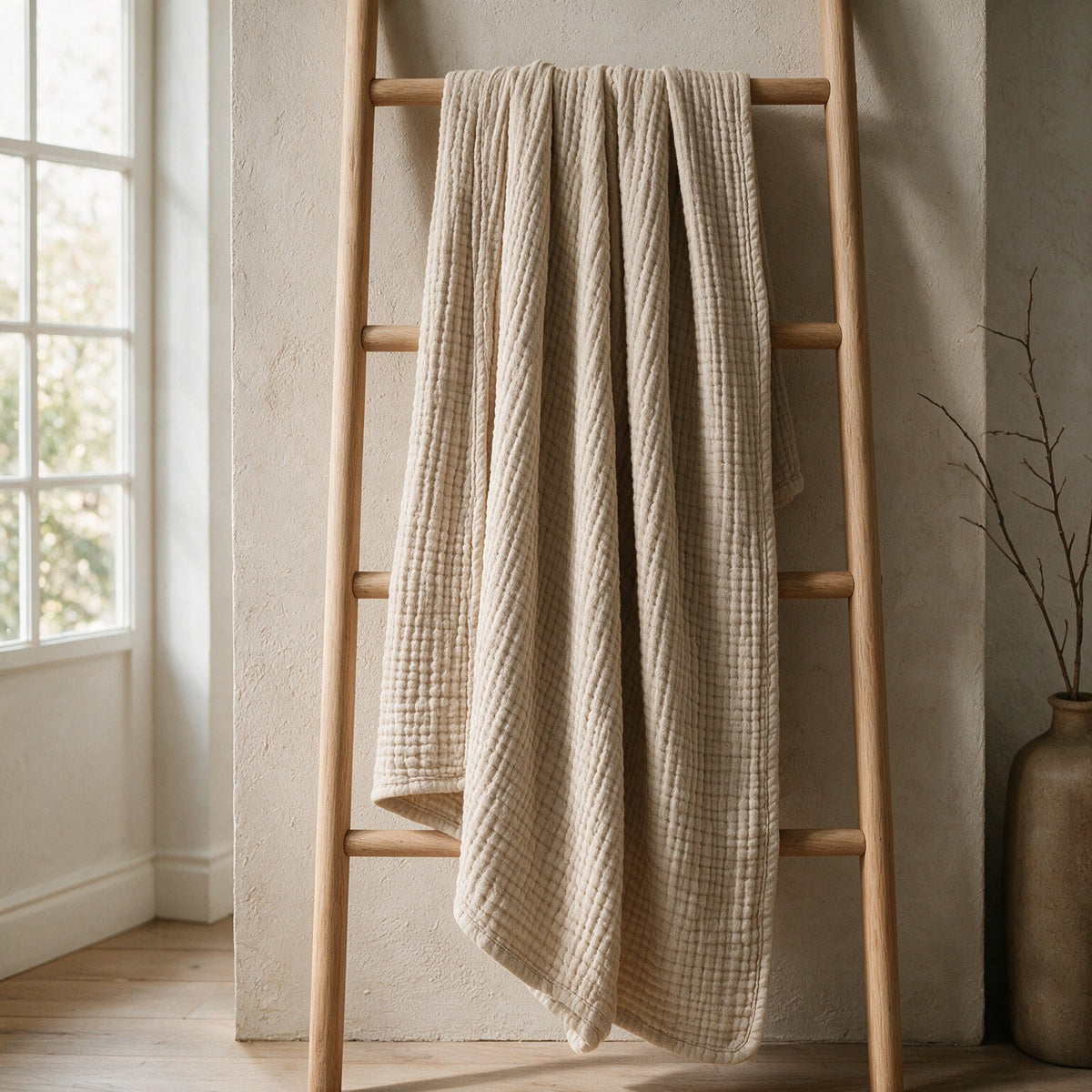Linwood in Dune hanging open from a wooden blanket ladder
