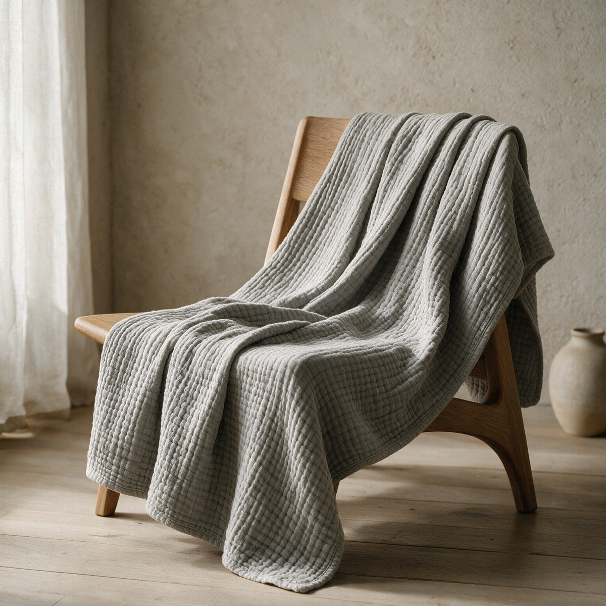 Linwood in Grey draped over a wooden lounge chair