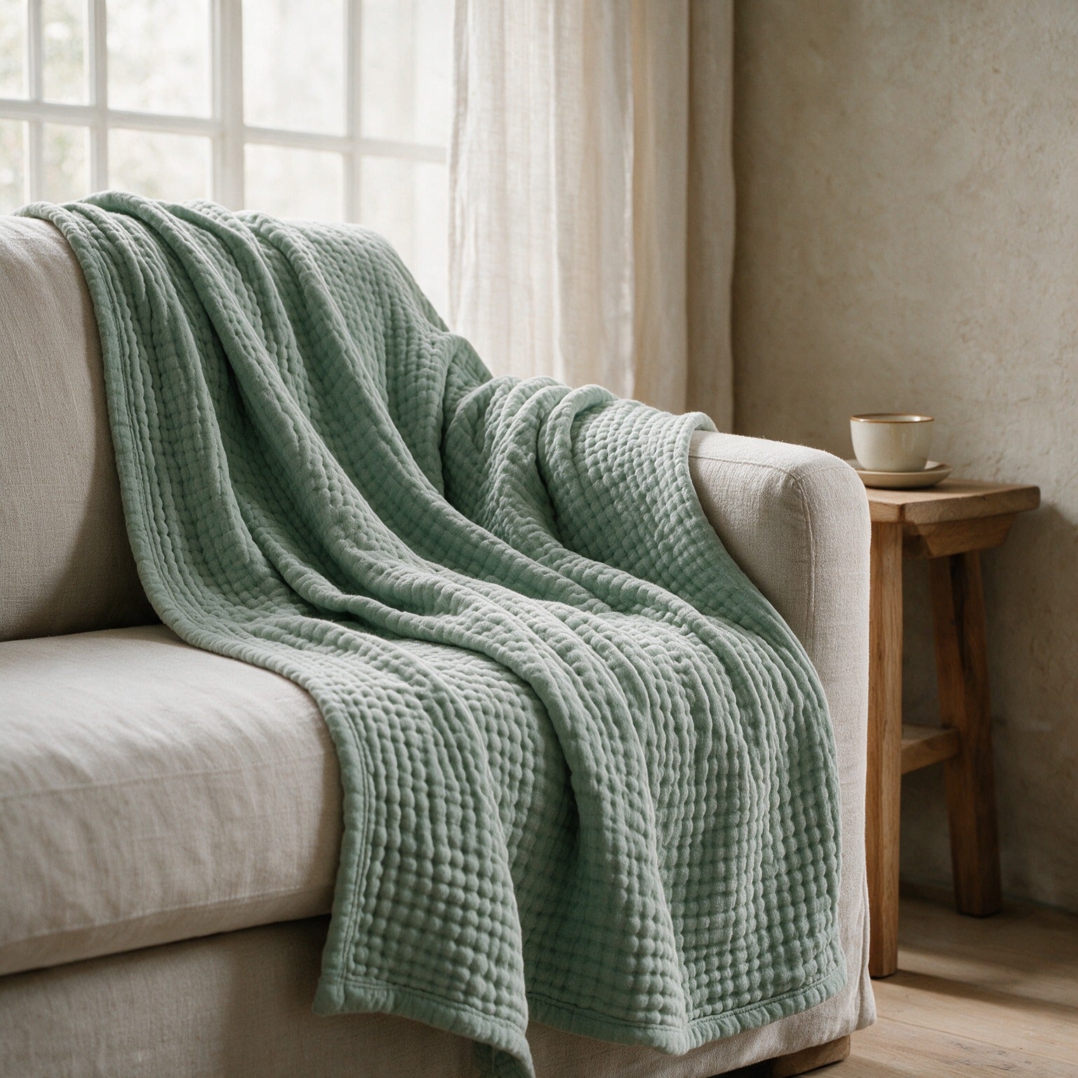 Linwood in Green thrown over the arm of a linen sofa