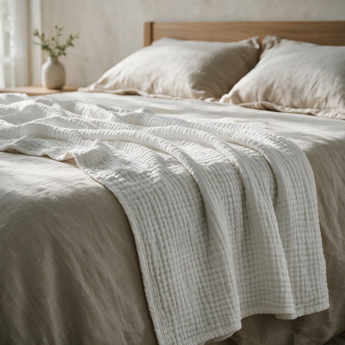 Linwood in White on a bed with sand linen bedding