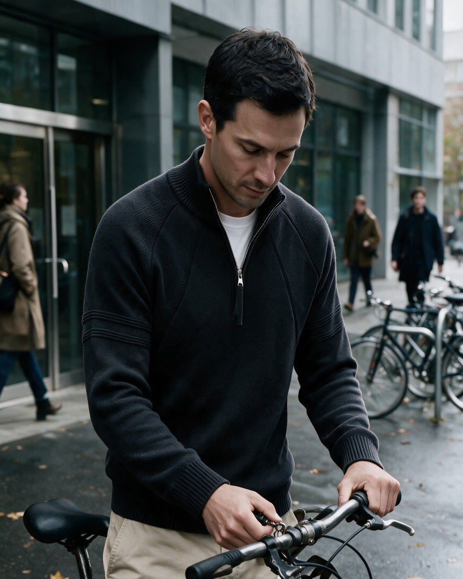 Man in a black quarter-zip knit pullover with his bicycle on a city street