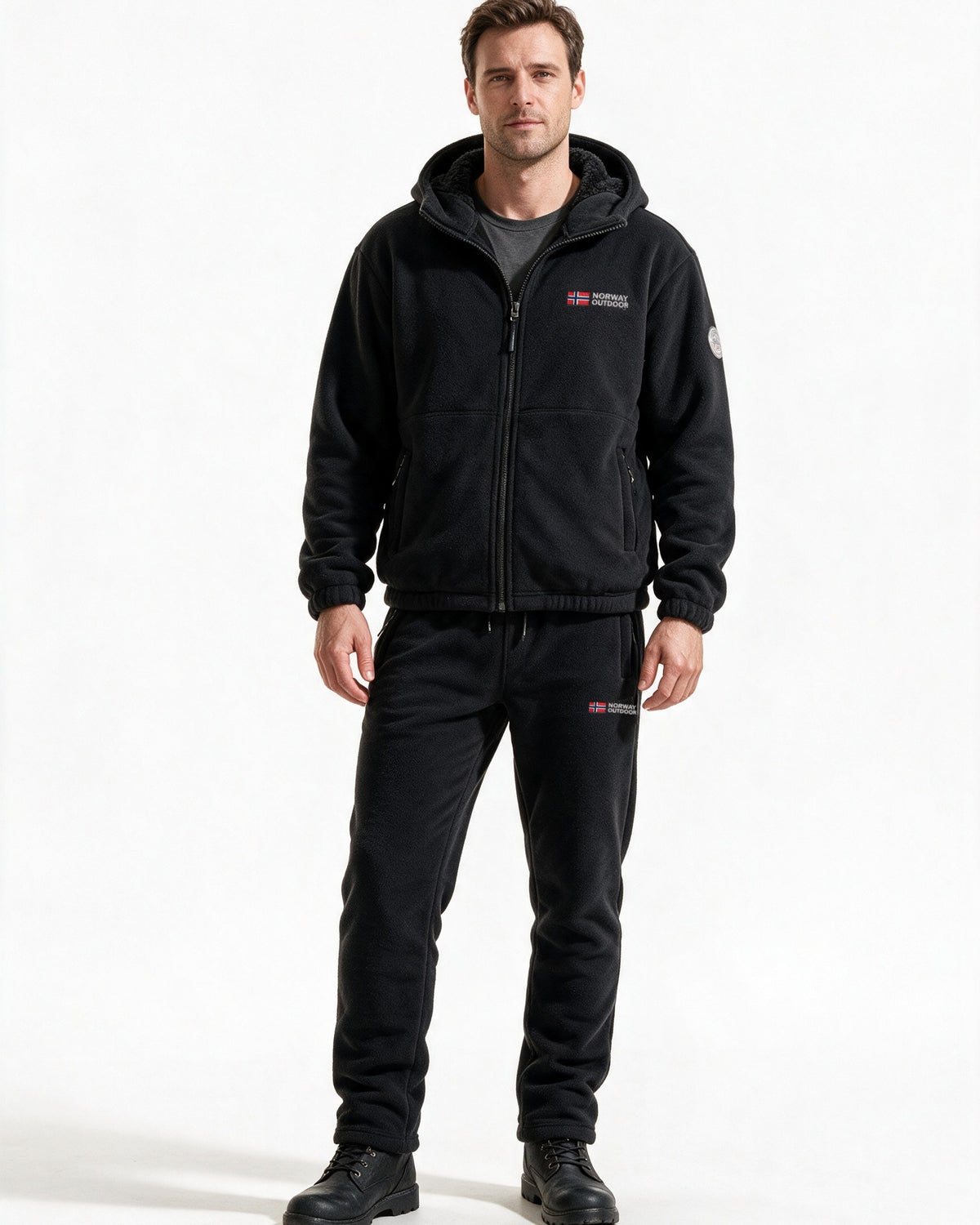 Norway Set in Black — fleece jacket and trousers, front view
