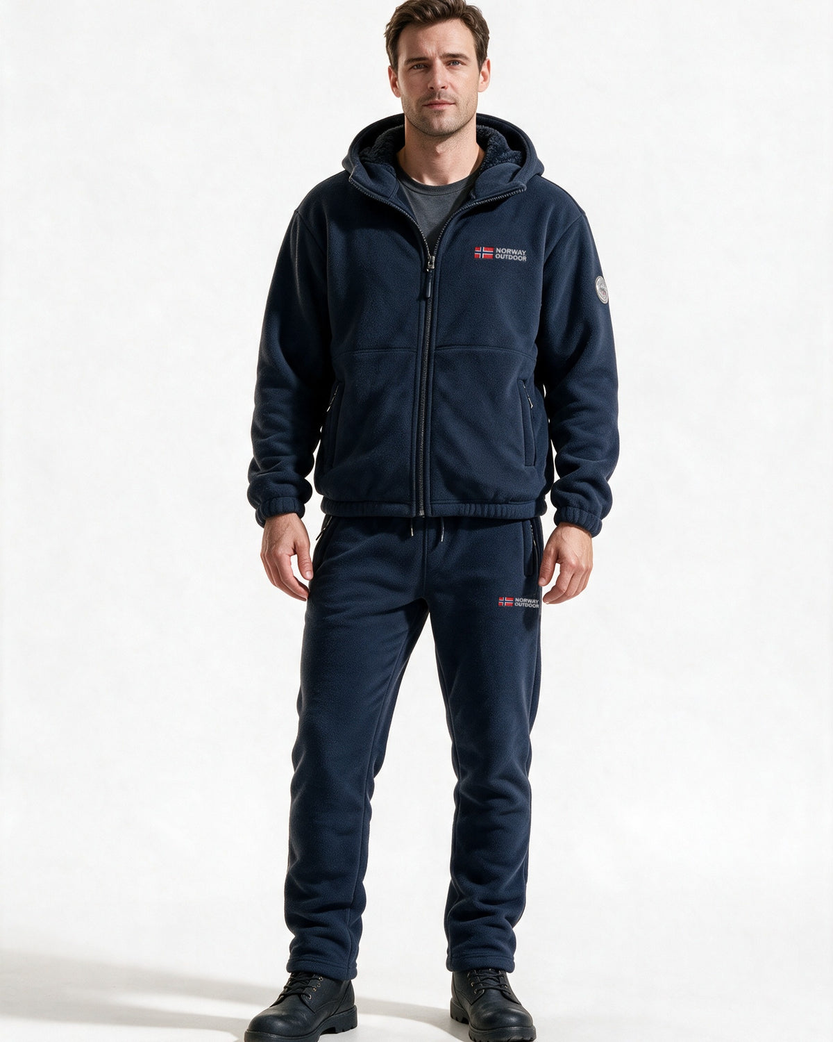 Norway Set in Navy — fleece jacket and trousers, front view