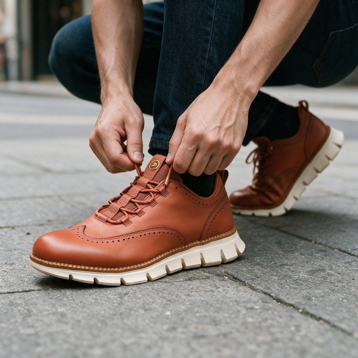 Pemberton wingtip sneaker in Rust, tying the laces
