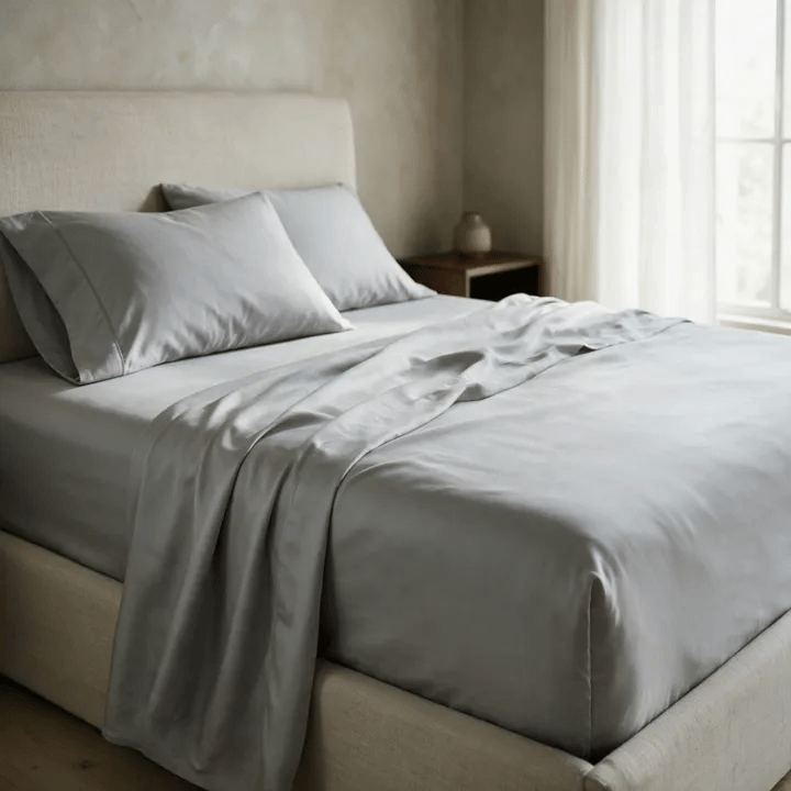 The Rydal sheet set in Grey on a made bed