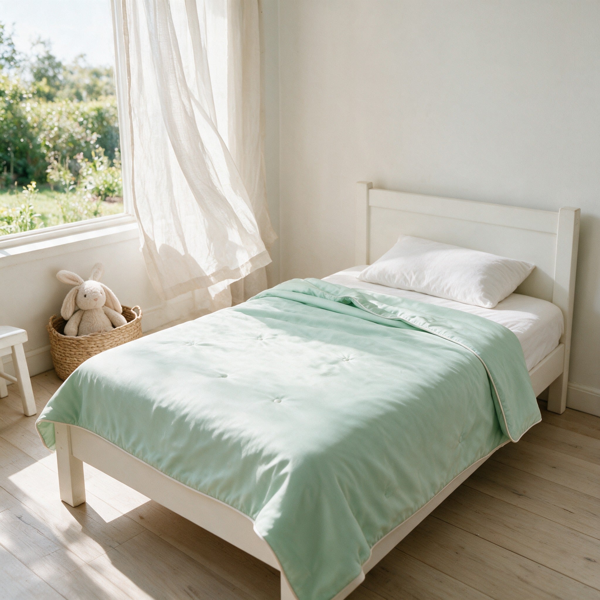 Seaton summer duvet in Mint on a child's bed