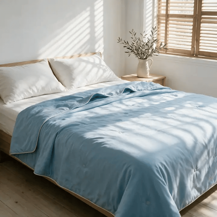 Seaton summer duvet in Light Blue on a double bed in afternoon light