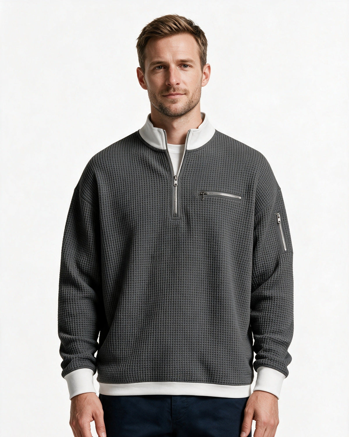 Selby waffle-knit half-zip pullover in Charcoal, front view
